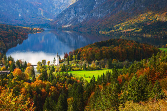 Aerial view of Bohinj lake in Julian Alps.  Popular touristic destination in Slovenia.