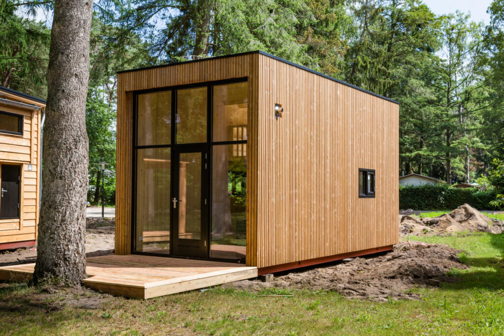 Beekbergen, Netherlands, June 21 2019: Wooden tiny house under construction. A new form of living philosophy to reduce ecological footprint