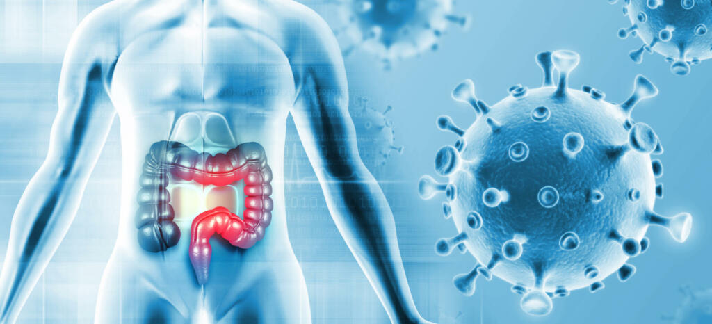 Colon cancer. Cancer attacking cells. Colon disease concept. 3d illustration