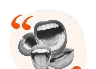 Mladi filmski kritiki, vabljeni na natečaj! Creative design. Contemporary art collage. Many female mouths talkig, shouting symbolzing communication and quotation. Negotiations. Giving information. Concept of business, ideas, creativity