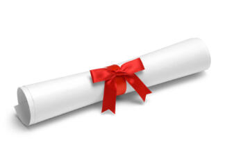 Podeljene listine za najboljše študijske dosežke Diploma with Red Tied Bow Ribbon Isolated on White Background.