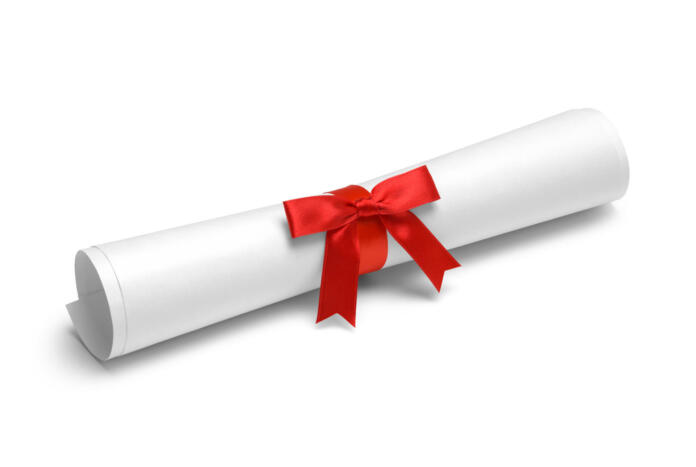 Diploma with Red Tied Bow Ribbon Isolated on White Background.