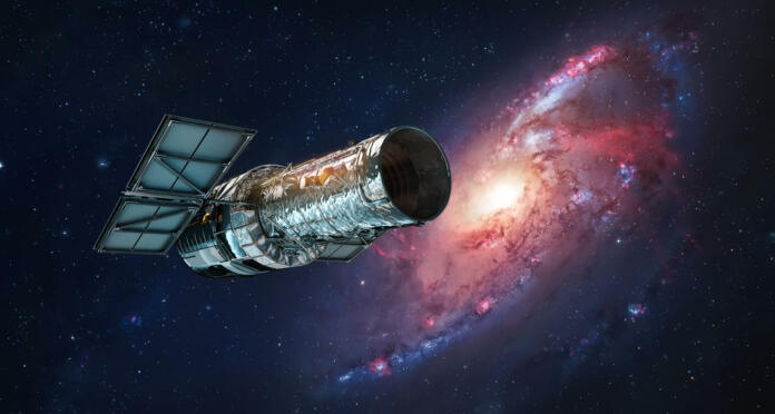 Hubble space telescope in deep space. Orbital space observatory. Stars and galaxies research. Elements of this image furnished by NASA (url: https://science.nasa.gov/science-red/s3fs-public/styles/large/public/thumbnails/image/Hubble-sm.png)
