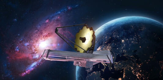 JWST in outer space. James Webb telescope far galaxy explore. Sci-fi space collage. Astronomy science. Elemets of this image furnished by NASA (url: https://eoimages.gsfc.nasa.gov/images/imagerecords/79000/79765/dnb_land_ocean_ice.2012.3600x1800.jpg https://www.nasa.gov/sites/default/files/styles/full_width_feature/public/thumbnails/image/755409main_webb.jpg)