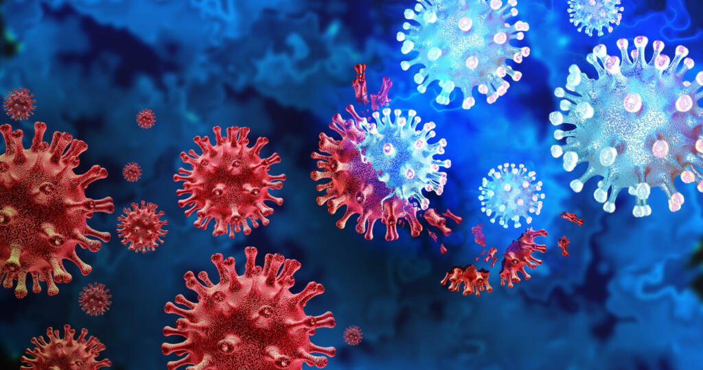 Mutating virus variant and cell mutation variants as a health risk concept and new coronavirus outbreak or covid-19 viral cells mutations and influenza background as a 3D render.