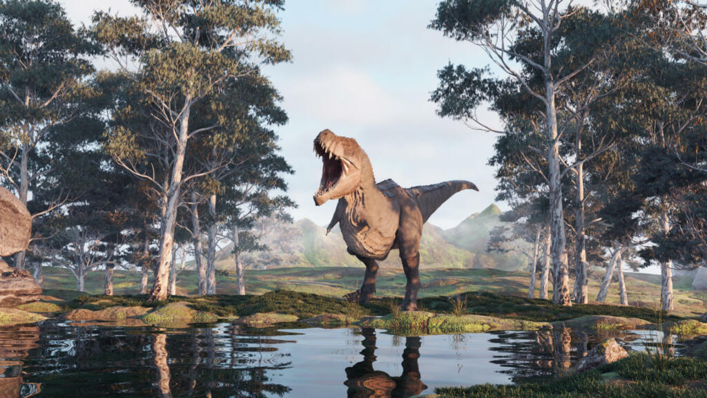 T rex at a mountains in the forest . This is a 3d render illustration .