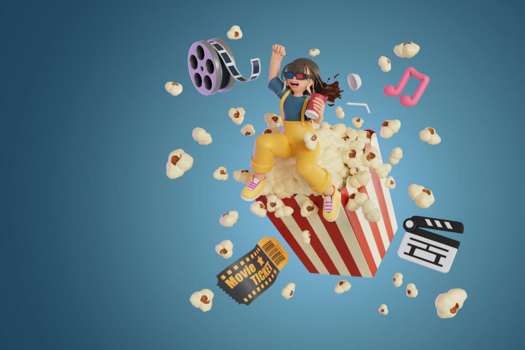 women wearing 3D glasses watching a movie and her giant popcorn. 3D Render illustration