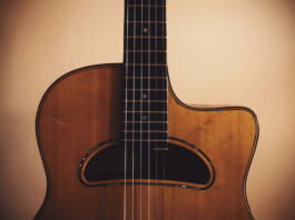 Closeup view of an old manouche acoustic guitar, vintage style.