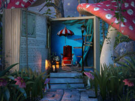 Fantasy open book in the jungle with giant mushrooms, 3d render.