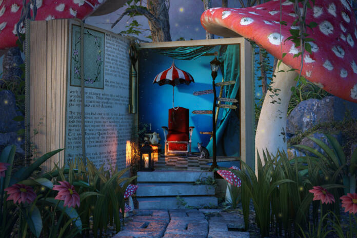 Fantasy open book in the jungle with giant mushrooms, 3d render.