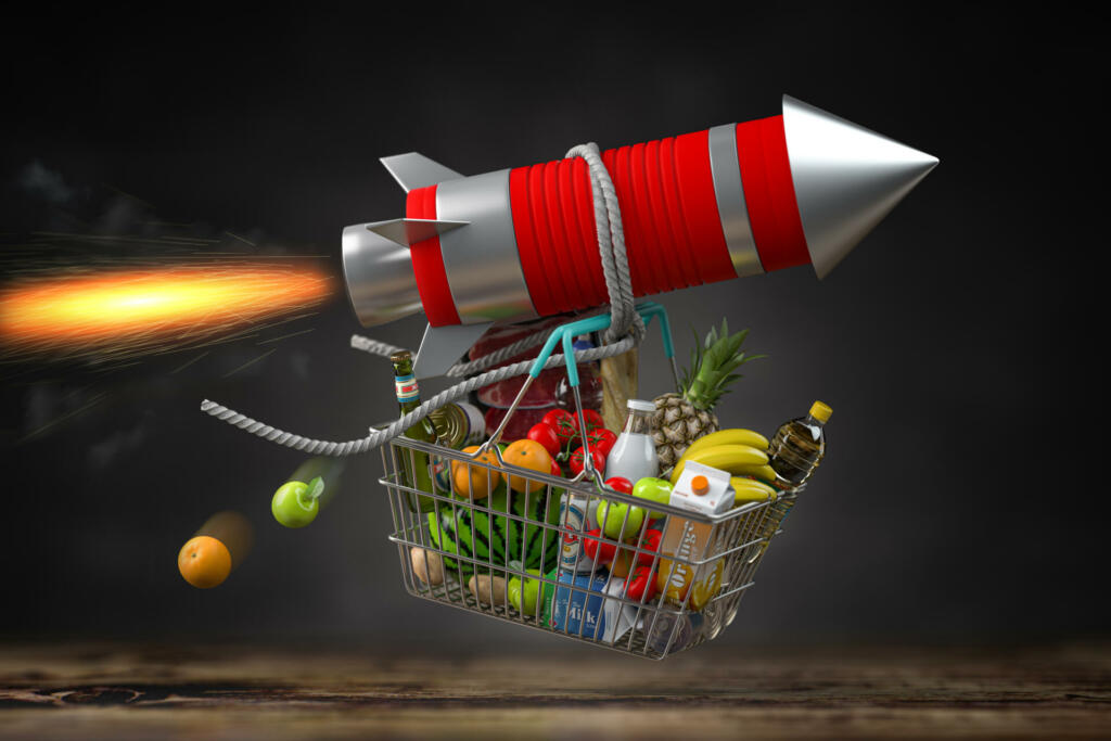 Fast delivery, growth of market basket or consumer price index, inflation or growth of food sales concept. Shopping basket with foods on flying rocket. 3d illustration
