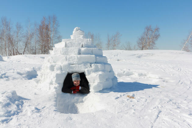Happy woman in a black jacket in an igloo   on a snowy glade
