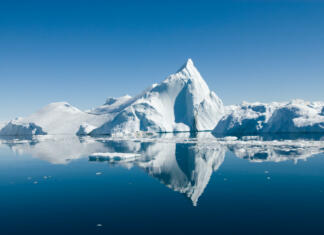 Icebergs drift in calm seas off the Greenland coast.