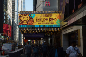 Manhattan, New York. October 11, 2022. Amsterdam Theatre "the Lion King" neon advertising sign on 42nd street in Times Square.