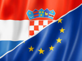 Mixed Croatian and european Union flag, three dimensional render, illustration