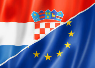Meja s schengensko Hrvaško, vse pomembno ob prehodu Mixed Croatian and european Union flag, three dimensional render, illustration