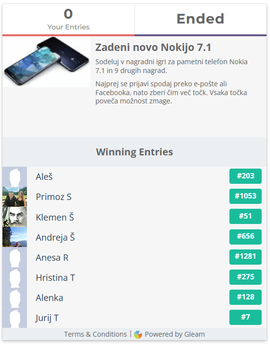 Zadeni novo Nokijo 7.1. Sodeluj v nagradni igri za pametni telefon Nokia 7.1 in 9 drugih nagrad. Najprej se prijavi spodaj preko e-pošte ali Facebooka, nato zberi čim več točk. Vsaka točka poveča možnost zmage.