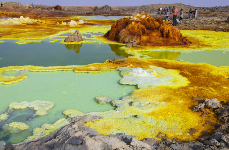 Out-this-planet view to Danakil Depression and sulfur, salt, potassium, calcium and ferrum mineral fields in hottest place on Earth