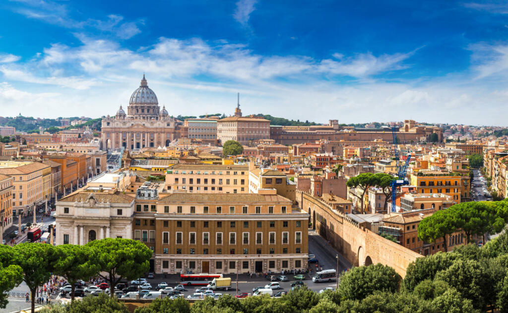 Panoramic view of Rome and Basilica of St. Peter in a summer day in Vatican