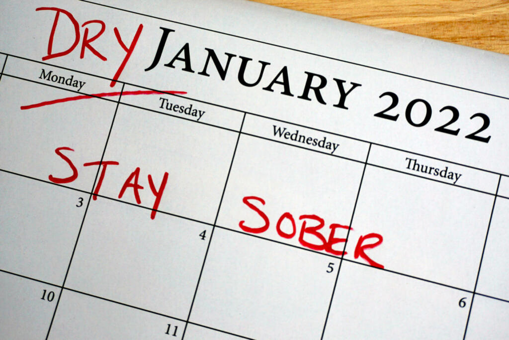Reminder on a calendar for January that it is Dry January, an alcohol-free month of sobriety