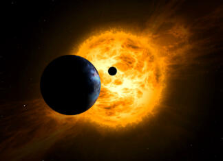 Kako radiacija sončnih neviht vpliva na rast dreves? Solar storm and eclipse in space. Concept of sun with energy clouds and planets transit.