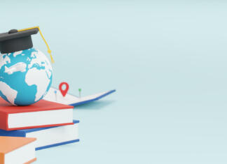 Na voljo štipendije za akademsko izmenjavo Study abroad concept design of world with graduation cap and plane map pin and location sign 3D render