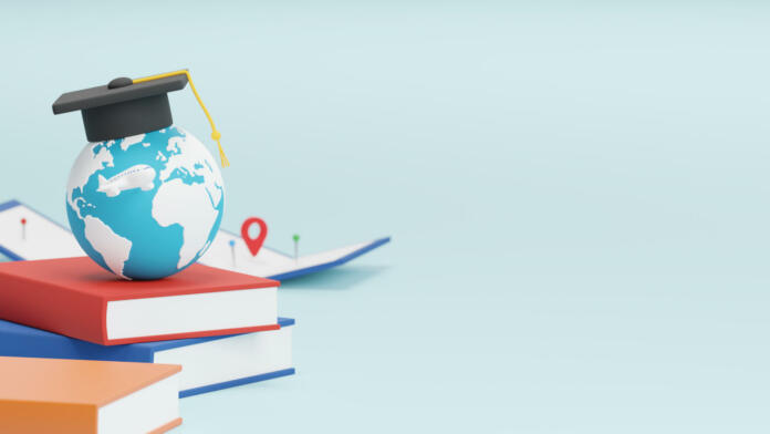 Study abroad concept design of world with graduation cap and plane map pin and location sign 3D render