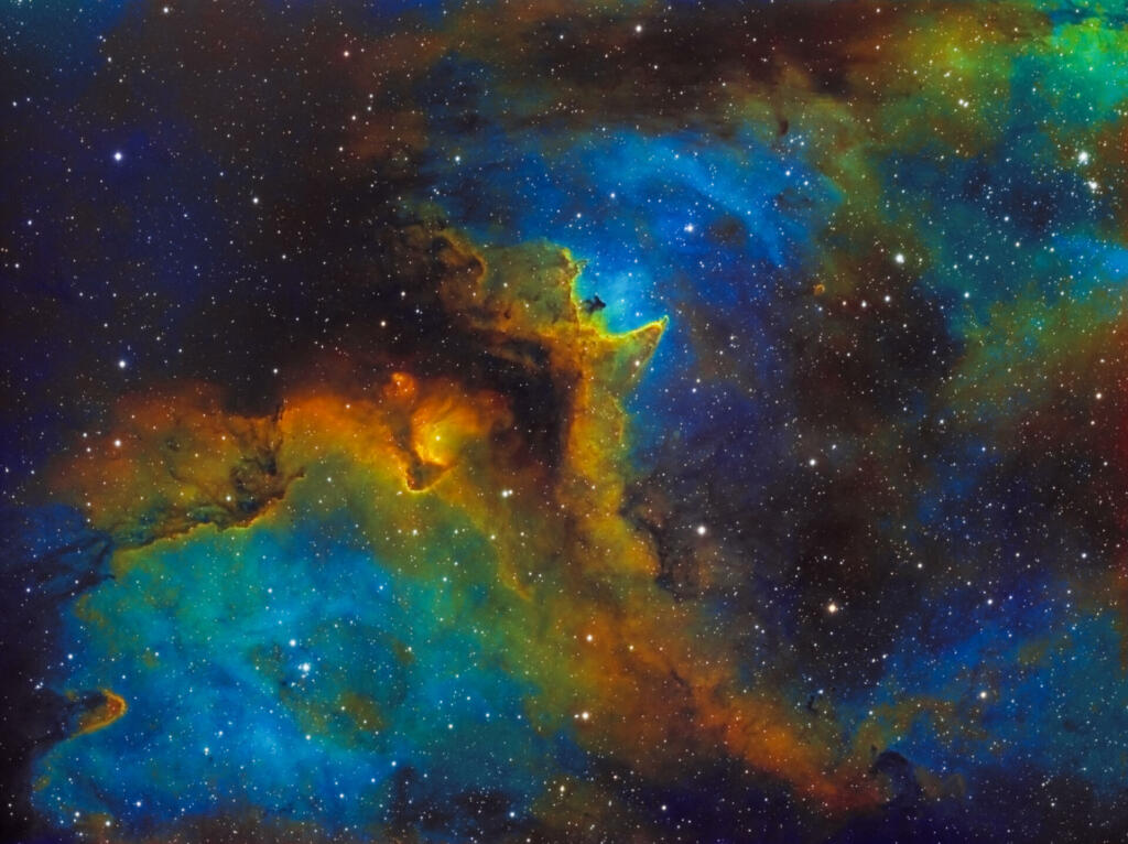 The Soul Nebula (IC 1848, Sh2-199)) is the large hydrogen, sulfur and oxygen gas cloud in the constellation of Cassiopeia. The nebula is 7,500 light years away from Earth. Amateur image, total exposure time 57 hours (15 minutes subframes of hydrogen, oxygene and sulfur, HST palette image).