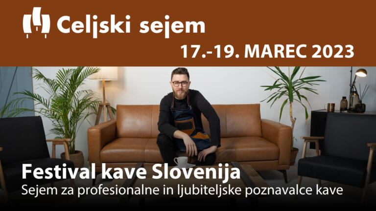 Oglas za festival kave s sliko moškega, ki sedi na kavču in ključnimi podatki o sejmu