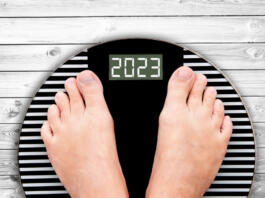 2023 feet on a weight scale, nutrition and diet new year card
