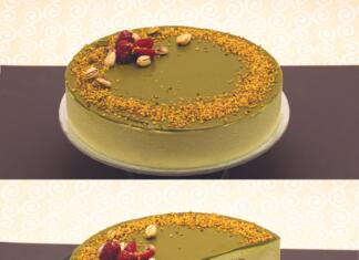 Recept za najboljšo torto pistacija-malina Torta pistacija malina, cela in prerez