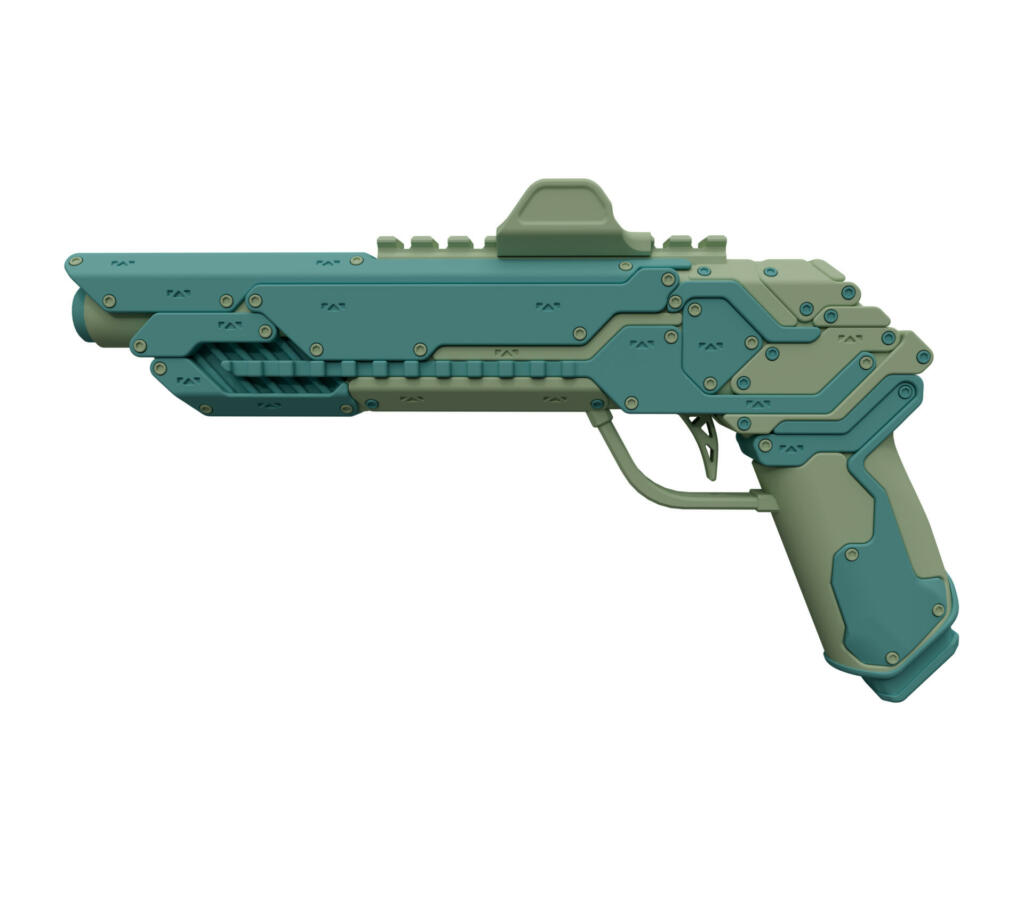 3d illustration of sci-fi futuristic gun weapon, Science fiction hi tech Laser pistol with silhouette.