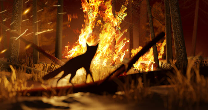 A fox watches on while escaping a forest fire which is destroying wild natural habitiat. Climate change and ecological issues 3D illustration concept.