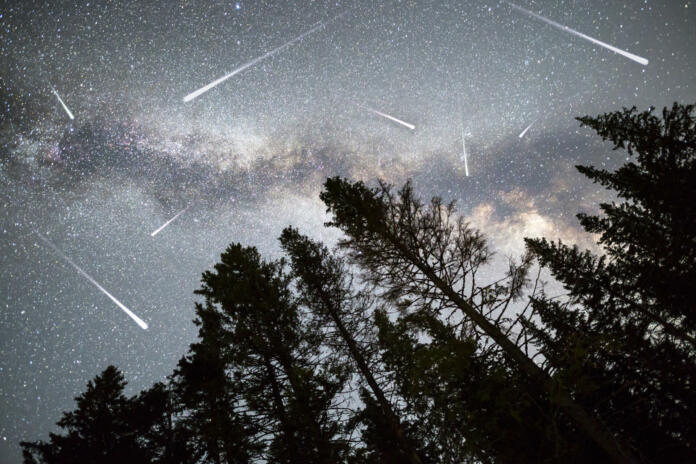 A view of a Meteor Shower and the Milky Way with a pine trees forest silhouette in the foreground. Night sky nature summer landscape. Perseid Meteor Shower observation.
