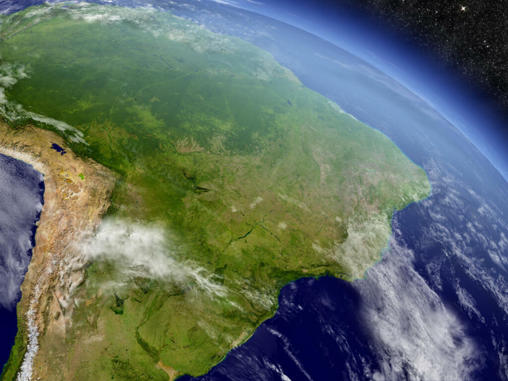 Brazil with surrounding region as seen from Earth's orbit in space. 3D illustration with highly detailed planet surface and clouds in the atmosphere. Elements of this image furnished by NASA..