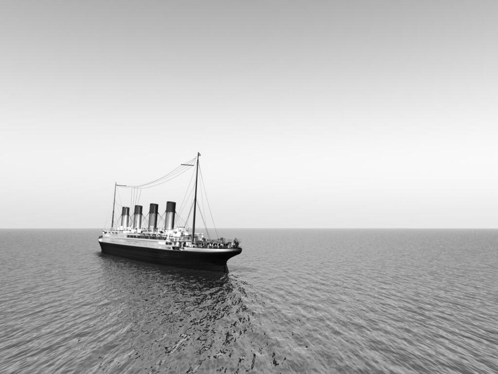 Computer generated 3D illustration with the historic passenger ship Titanic on the high seas in black and white