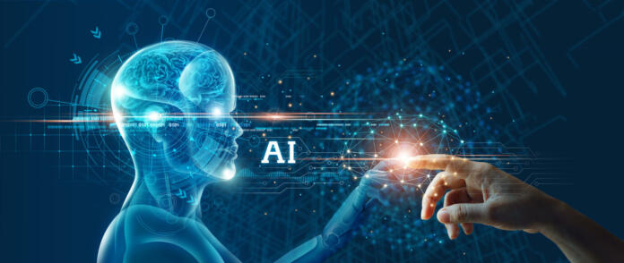 Connecting human data to mindset of Artificial intelligence AI, Digital data and machine learning technology and computer brain. Robot technology development for futuristic.