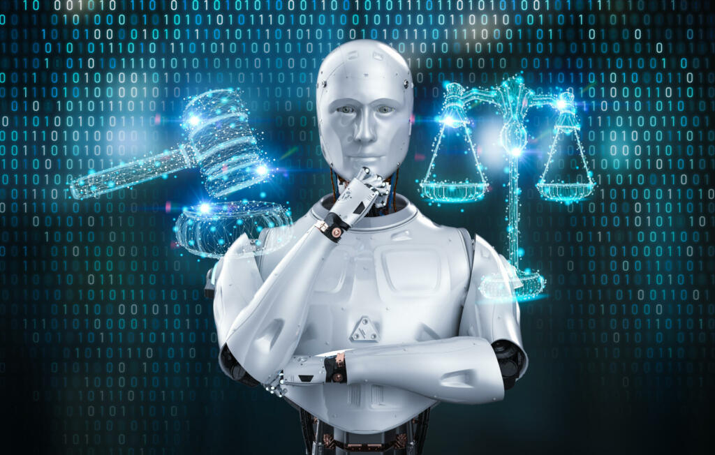 Cyber law or internet law concept with 3d rendering ai robot and law scale and gavel judge