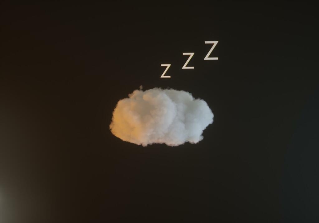 Digital generated image of sleeping cloud on dark background with sleep symbols.
