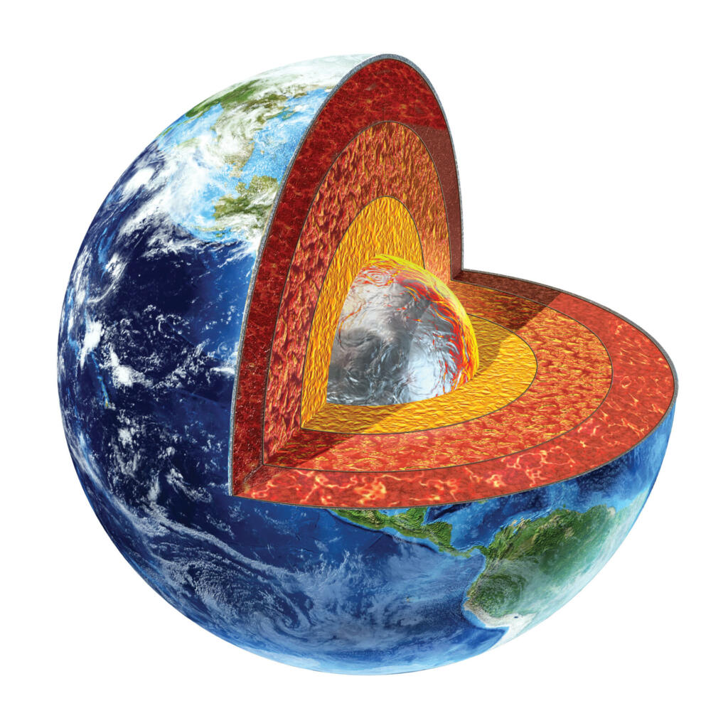 Earth cross section. Showing the inner core, made by solid iron and nickel, with a temperature of 4500° Celsius.