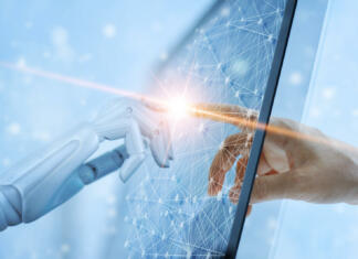 Interaktivni zasloni so prihodnost hibridnega dela Hands of robot and human touching on global virtual network connection future interface. Artificial intelligence technology concept.