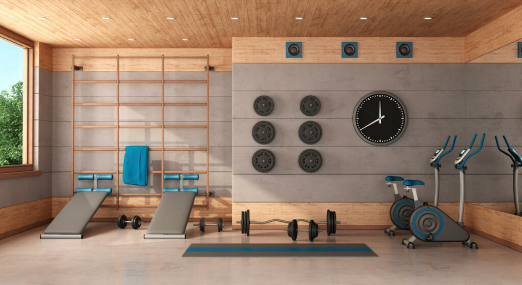 Home gym with Swedish wall, bench, bicycle and weights - 3d rendering