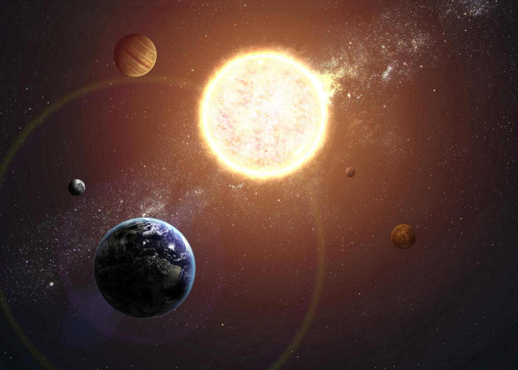 Illustration of solar system showing planets around sun. Elements of this image furnished by NASA