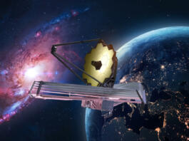 JWST in outer space. James Webb telescope far galaxy explore. Sci-fi space collage. Astronomy science. Elemets of this image furnished by NASA (url: https://eoimages.gsfc.nasa.gov/images/imagerecords/79000/79765/dnb_land_ocean_ice.2012.3600x1800.jpg https://www.nasa.gov/sites/default/files/styles/full_width_feature/public/thumbnails/image/755409main_webb.jpg)