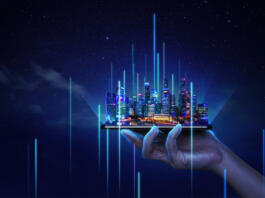 Modern cityscape and communication network concept. (Internet of Things). ICT (Information communication Technology). 5G. Smart city. Digital transformation. Singapore