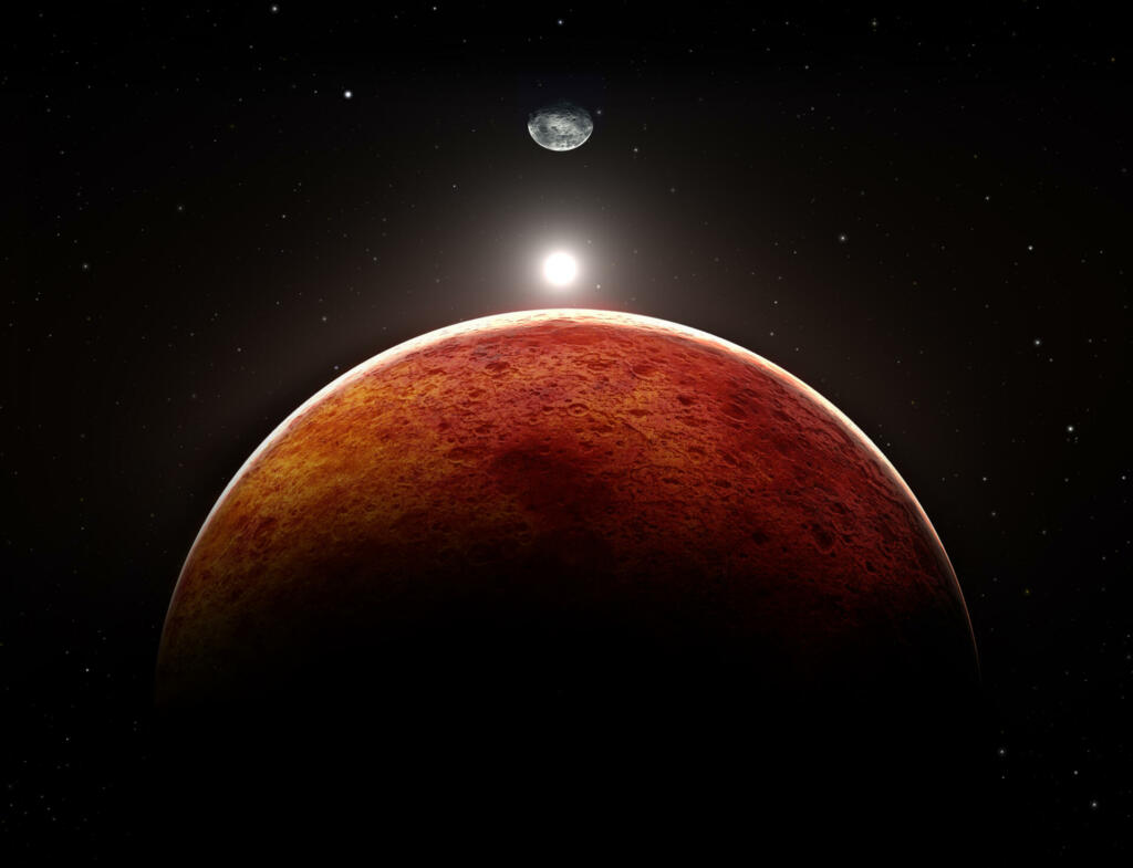 Planet Mars with moon, illustration