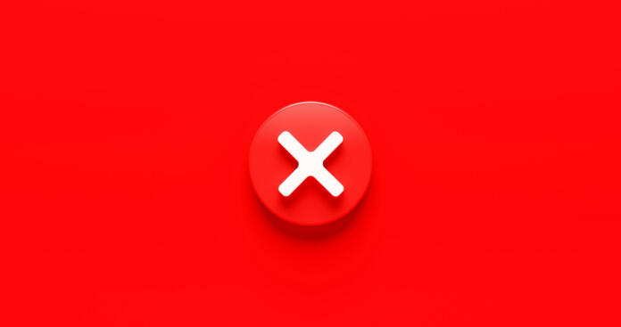 Red cross check mark icon button and no or wrong symbol on reject cancel sign button negative checklist background with decline option box. 3D rendering.