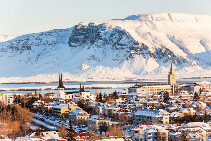 Reykjavik city view of Hallgrimskirkja from Perlan Dome, Iceland