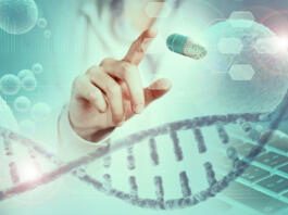 scientist finger pointing a capsule hologram above DNA helix
