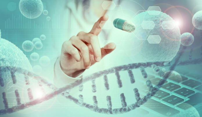 scientist finger pointing a capsule hologram above DNA helix